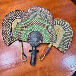 Vintage 3 African Woven Reed Fans and 1 Fertility Doll Fan - Size from 14" - 17"
